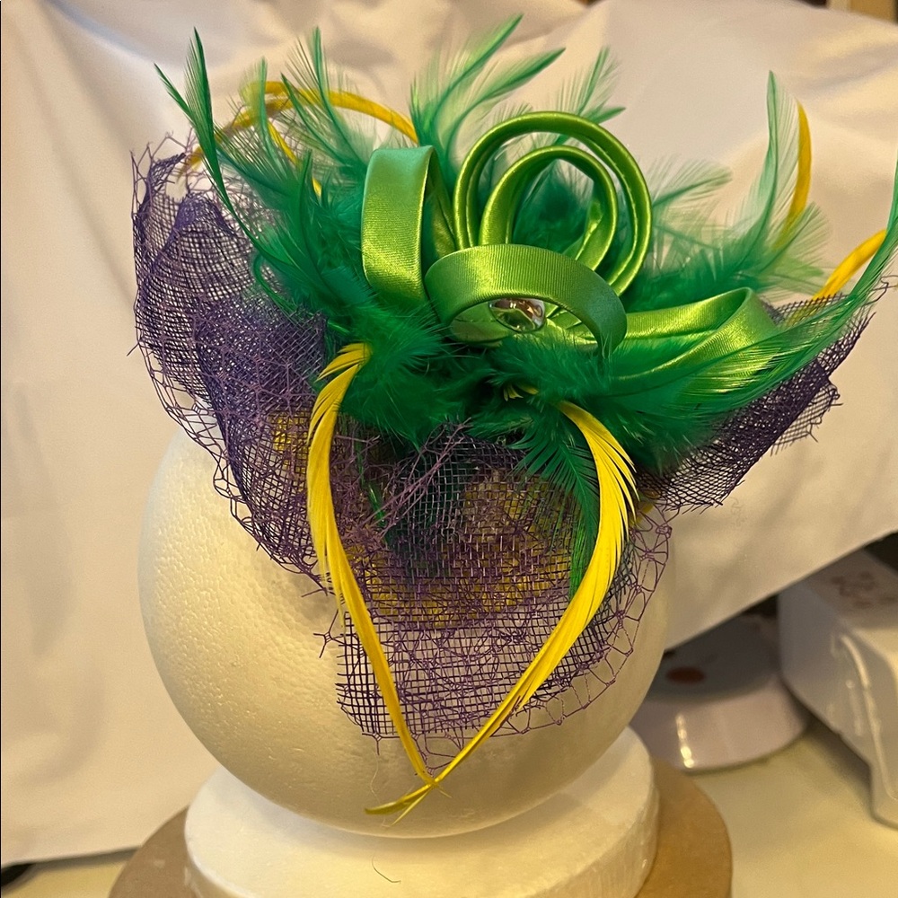 Elegant Green and Purple Feathered Fascinator